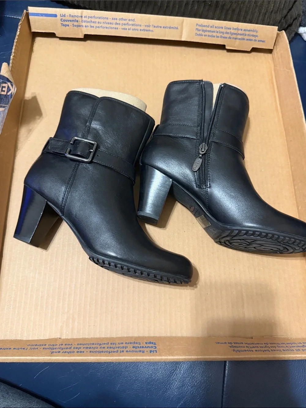 Clarks Black Leather Mid-Heel Ankle Booties with Buckle